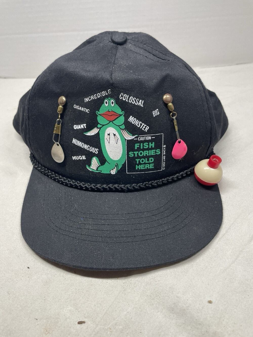 Vintage Laid Back Fish Stories Told Here Hat Black Lure Bobber Snapback Cap 1992